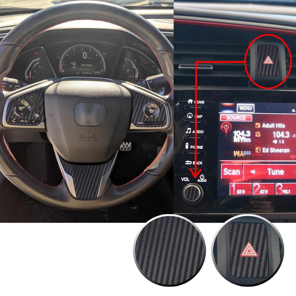 Interior Steering Wheel Hazard Button and Radio Vinyl Decal Trim Overlay Compatible with Honda Civic 2016-2020