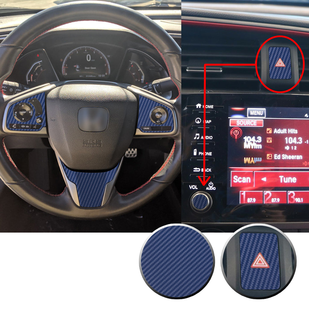 Interior Steering Wheel Hazard Button and Radio Vinyl Decal Trim Overlay Compatible with Honda Civic 2016-2020