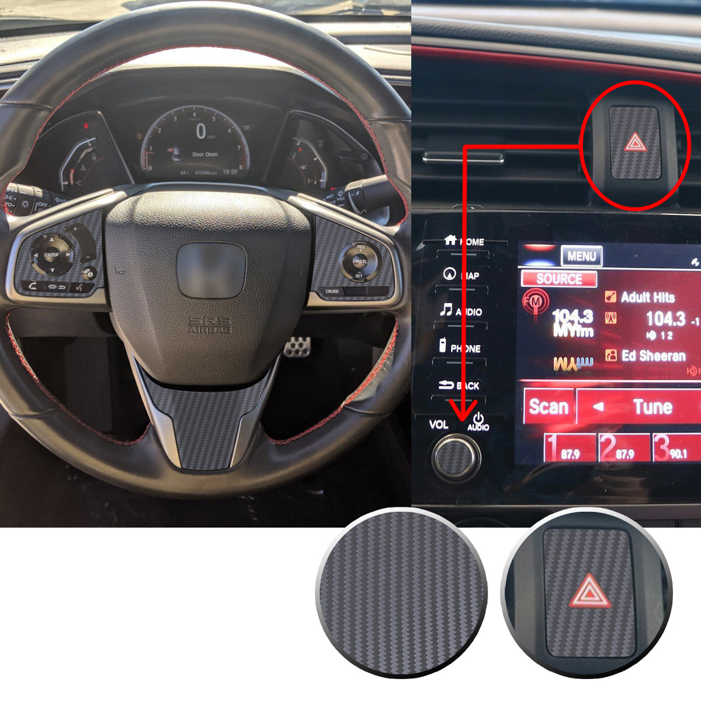 Interior Steering Wheel Hazard Button and Radio Vinyl Decal Trim Overlay Compatible with Honda Civic 2016-2020