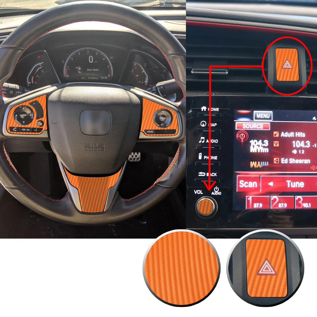 Interior Steering Wheel Hazard Button and Radio Vinyl Decal Trim Overlay Compatible with Honda Civic 2016-2020
