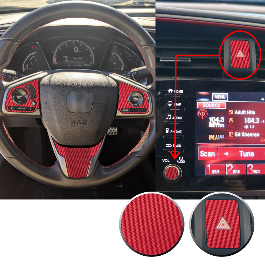 Interior Steering Wheel Hazard Button and Radio Vinyl Decal Trim Overlay Compatible with Honda Civic 2016-2020