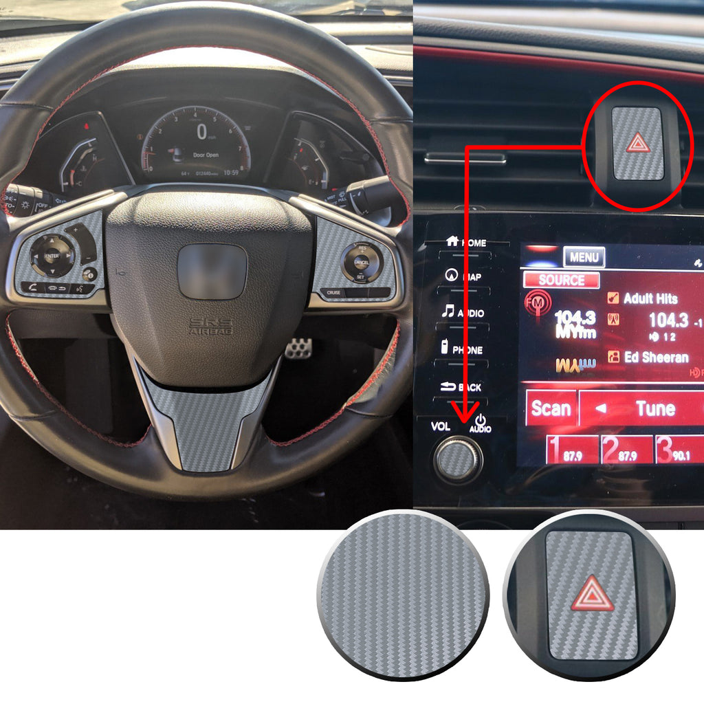 Interior Steering Wheel Hazard Button and Radio Vinyl Decal Trim Overlay Compatible with Honda Civic 2016-2020