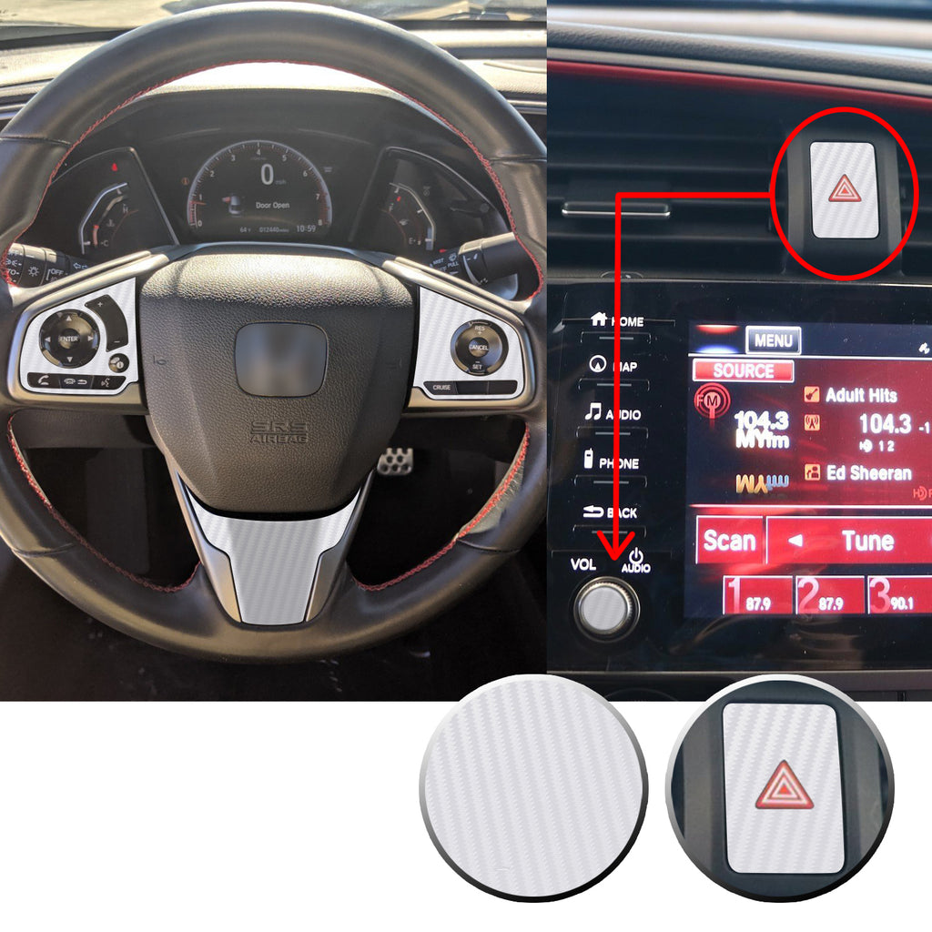 Interior Steering Wheel Hazard Button and Radio Vinyl Decal Trim Overlay Compatible with Honda Civic 2016-2020