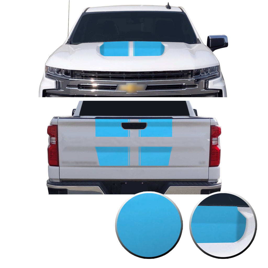 Hood & Tailgate Rally Style Stripes Vinyl Decal Compatible with Chevrolet Silverado 1500 2019-2021