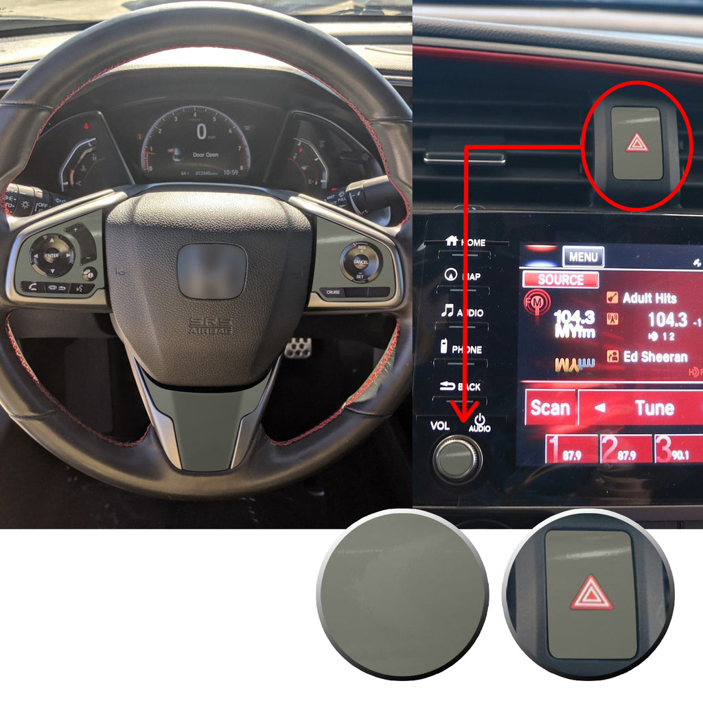 Interior Steering Wheel Hazard Button and Radio Vinyl Decal Trim Overlay Compatible with Honda Civic 2016-2020