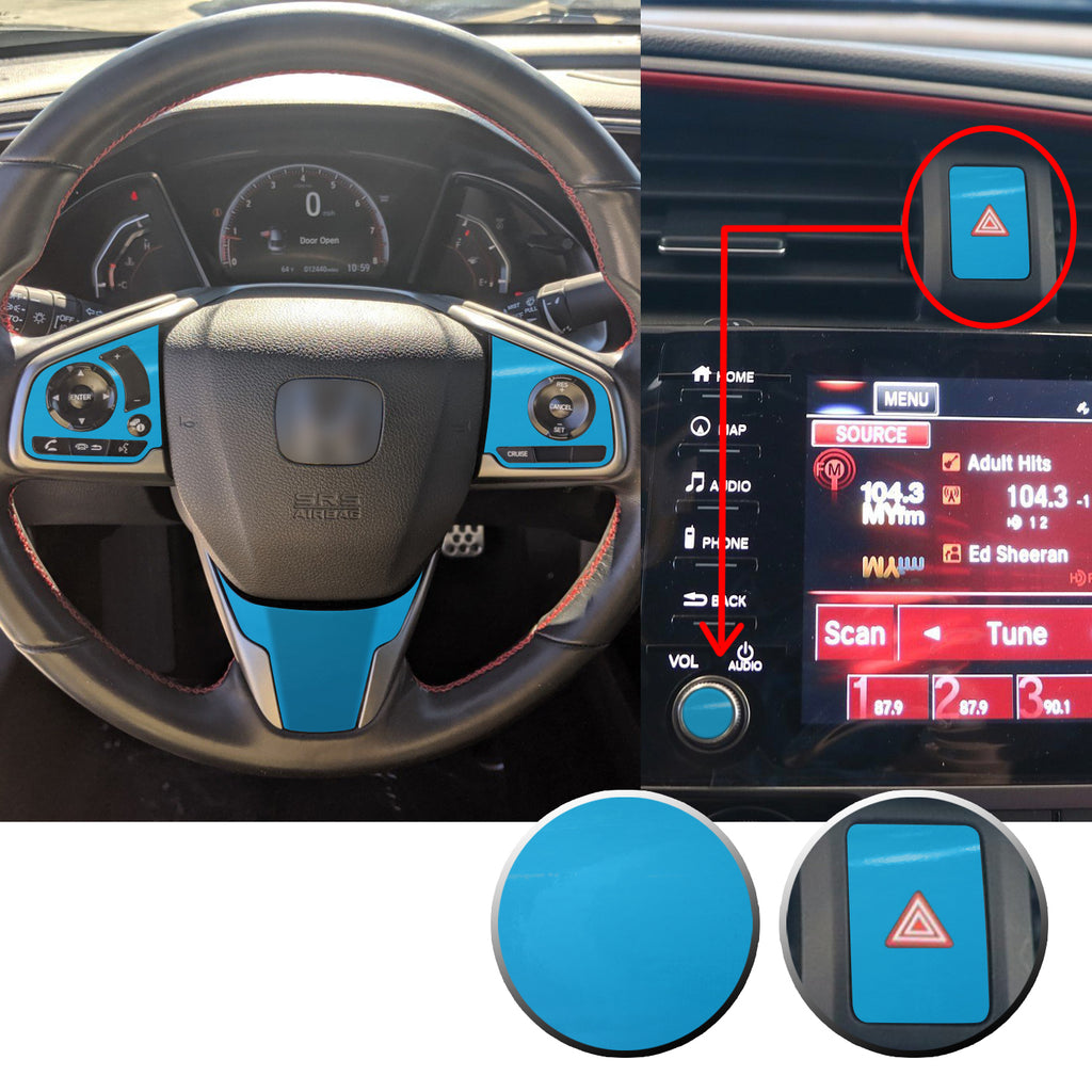 Interior Steering Wheel Hazard Button and Radio Vinyl Decal Trim Overlay Compatible with Honda Civic 2016-2020