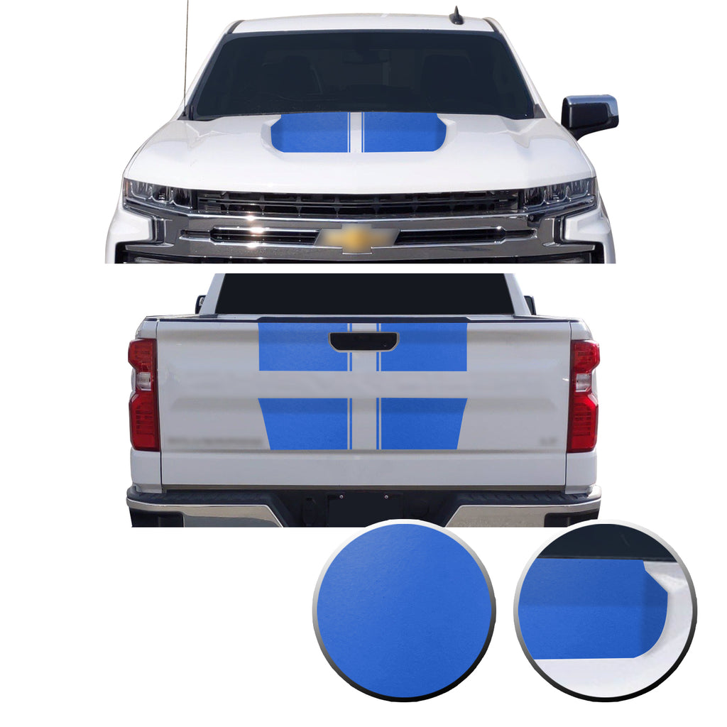 Hood & Tailgate Rally Style Stripes Vinyl Decal Compatible with Chevrolet Silverado 1500 2019-2021