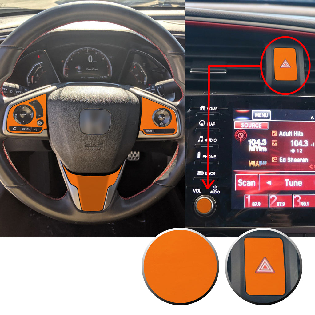 Interior Steering Wheel Hazard Button and Radio Vinyl Decal Trim Overlay Compatible with Honda Civic 2016-2020