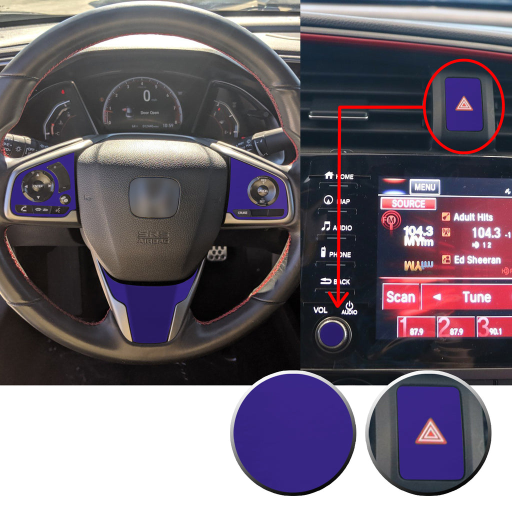 Interior Steering Wheel Hazard Button and Radio Vinyl Decal Trim Overlay Compatible with Honda Civic 2016-2020