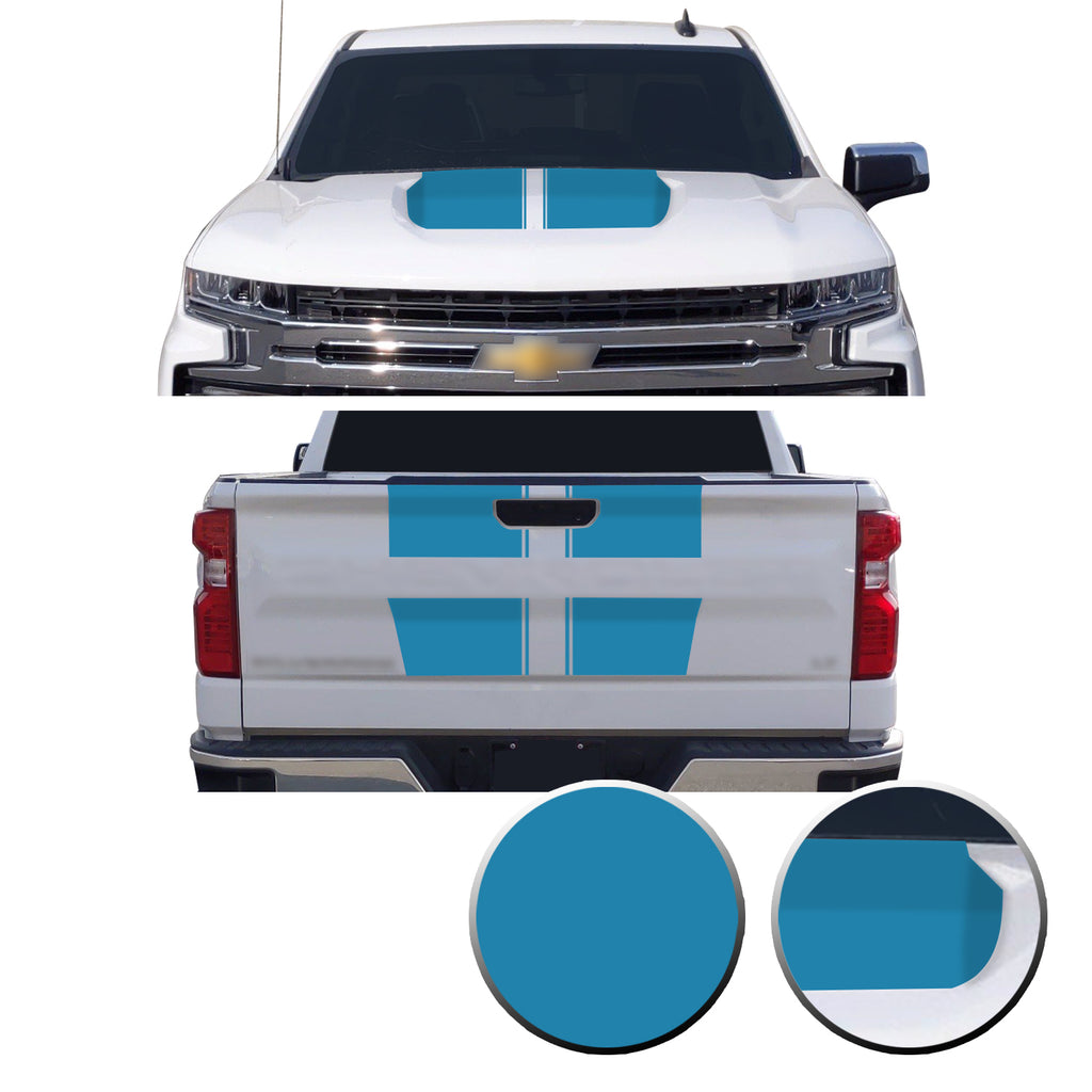 Hood & Tailgate Rally Style Stripes Vinyl Decal Compatible with Chevrolet Silverado 1500 2019-2021