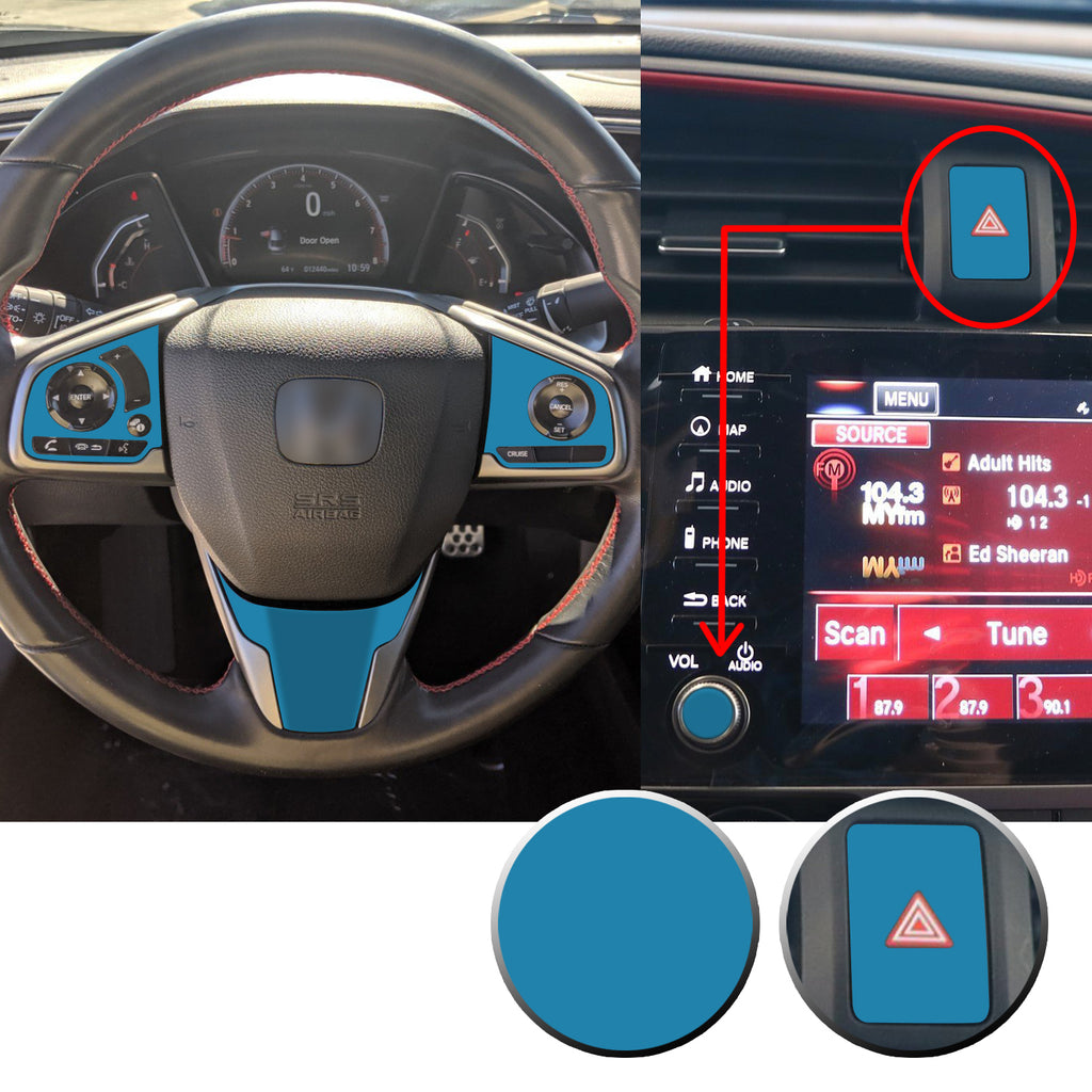Interior Steering Wheel Hazard Button and Radio Vinyl Decal Trim Overlay Compatible with Honda Civic 2016-2020